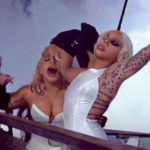 Prompt: lady gaga fighting nicki minaj on the titanic as it's sinking