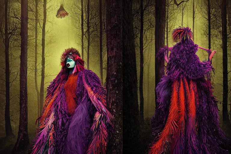 Image similar to editorial illustration by Karolis Strautniekas and Mads Berg, colorful,full body portrait of a forest priestess in a feathered robe,fine texture,detailed, ,film noir, dramatic lighting, dynamic composition,moody, vivid