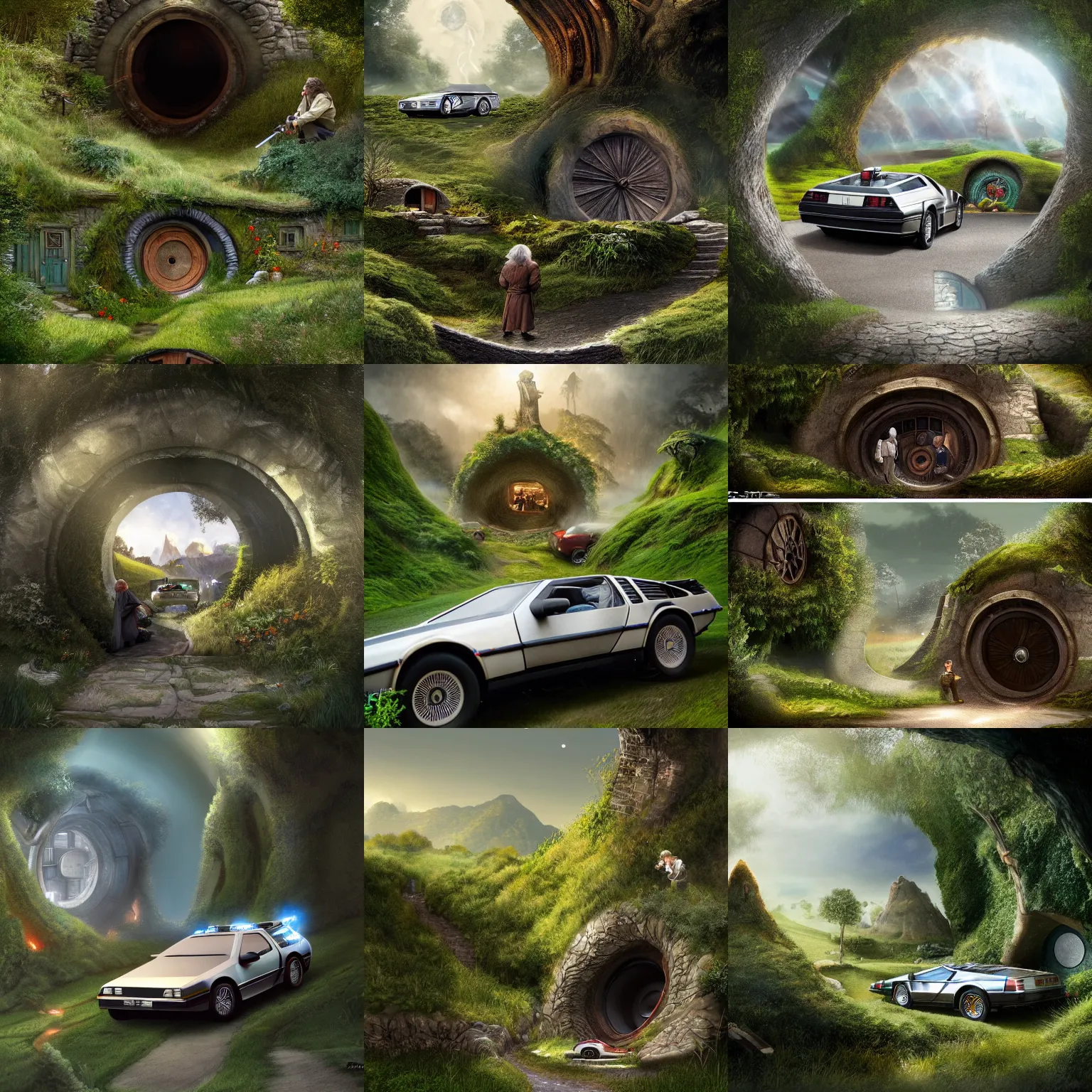 Prompt: A Delorean driving past a Hobbit hole in the Shire, a chagrined old hobbit is standing in the yard, watching and shaking his head, digital art, amazing composition, trending on artstation