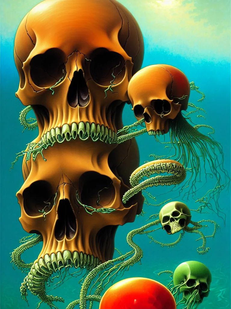 Image similar to a single skull in the sea by dan mumford and vladimir kush and donato giancola and ted withers and peter driben and william - adolphe bouguereau and roberto ferri, glowing red skull, blue jellyfish, green water, highly detailed, high contrast, intricate details, blended palette