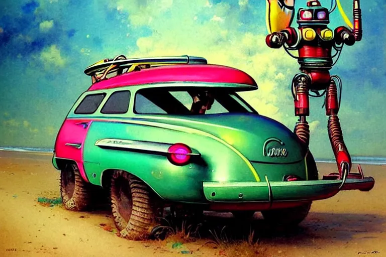 Prompt: adventurer ( ( ( ( ( 1 9 5 0 s retro future robot android badger surf wagon rv offroad robot. neon colors. sharp focus extremely detailed a surfboard rack on top ) ) ) ) ) by jean baptiste monge!!!!!!!!!!!!!!!!!!!!!!!!! chrome teal