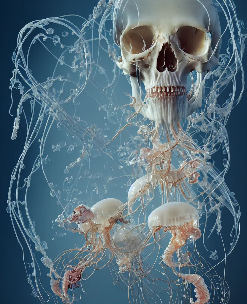 Prompt: composition of human skulls, animals skulls, bones, rib-cage. jellyfish orchids and betta fish, bioluminiscent, intricate artwork by Tooth Wu and wlop and beeple. octane render, trending on artstation, greg rutkowski very coherent symmetrical artwork. cinematic, hyper realism, high detail, octane render, 8k