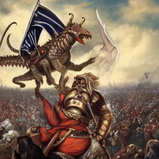 Image similar to viking holding the severed head of donald trump, rides a dragon flying over the white house, 8 k