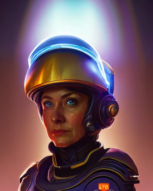 Image similar to portrait of a starship captain with a helmet as an apex legends character digital illustration portrait design 3 / 4 perspective, detailed, gorgeous lighting, wide angle action dynamic portrait