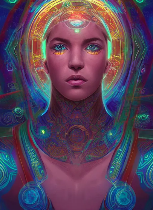 Image similar to one centered screen portrait of a future metaverse ayahuasca tech shaman warrior, 2 d cartoon, visionary art, symmetric, magick symbols, holy halo, shipibo patterns, sci - fi, concept art, trending on art station, 8 k digital art, by mandy jurgens, fantasy portrait art, anime