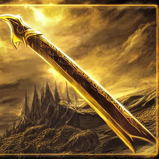 Image similar to an artwork of a giant golden sword, a broad blade sword weapon, epic fantasy style, fantasy epic digital art