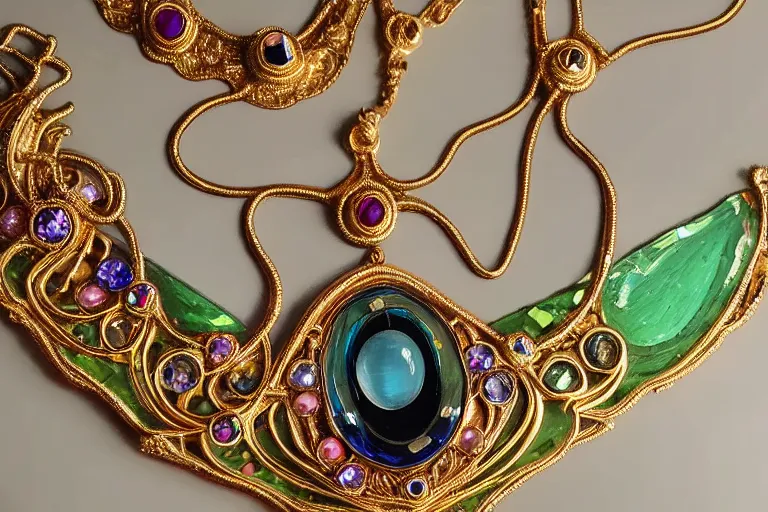 Image similar to highly detailed oil painting, front view, very realistic gemstones, art nouveau, ornate, delicate, brilliant precious gemstones necklace, necklace on display, dramatic light,