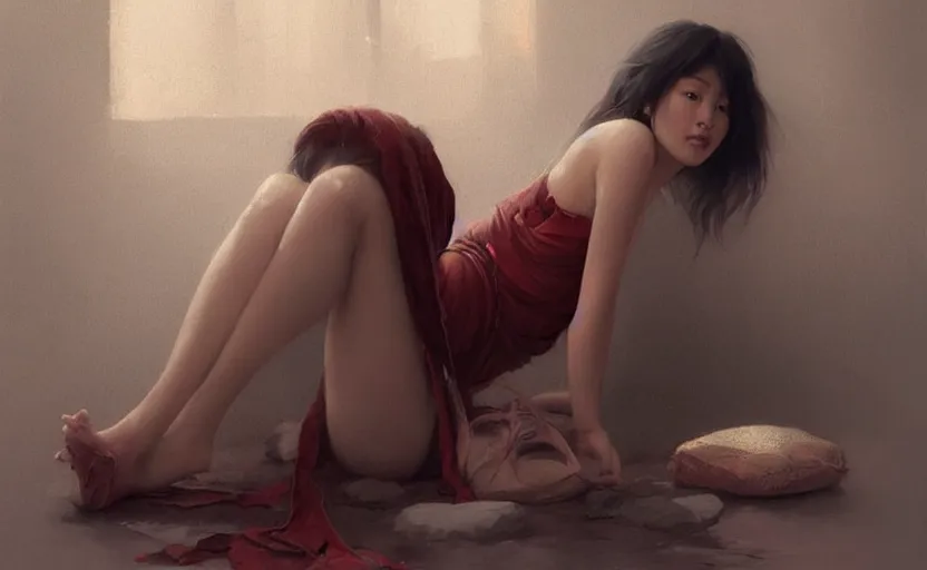 Prompt: beautiful asian woman sitting on the floor, soft grey and red natural light, intricate, digital painting, artstation, concept art, smooth, sharp focus, illustration, art by greg rutkowski and luis rollo and uang guangjian and gil elvgren, symmetry!