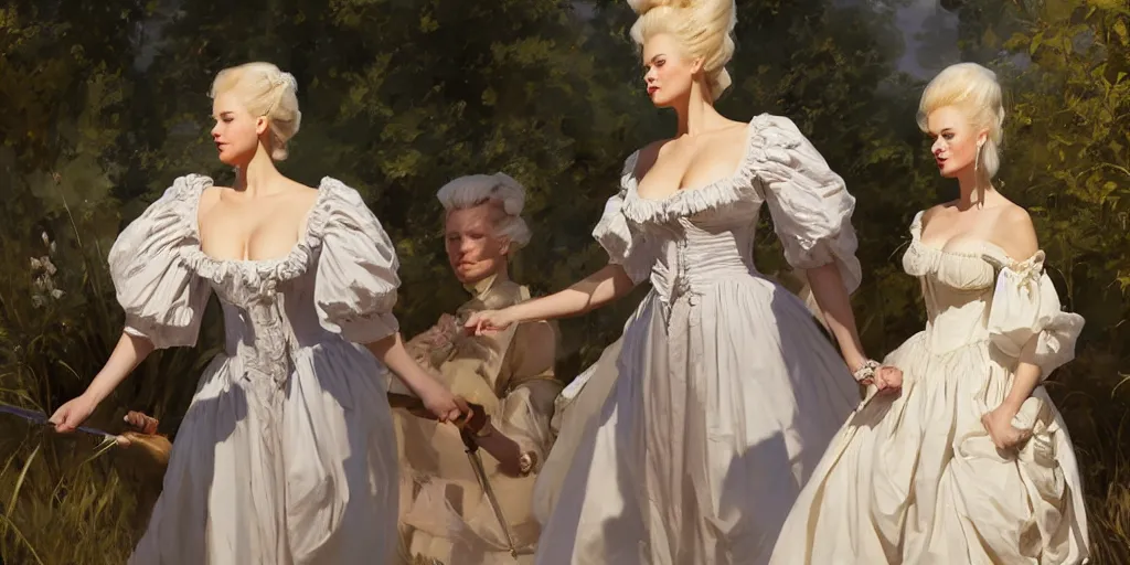 Prompt: three beautiful finnish norwegian scandinavian attractive glamour models as marie antoinette wearing 1 7 th century french off - the - shoulder neckline bodice walking in a field, jodhpurs greg manchess painting by sargent and leyendecker, studio ghibli fantasy close - up shot asymmetrical intricate elegant matte painting illustration hearthstone, by greg rutkowski by greg tocchini by james gilleard