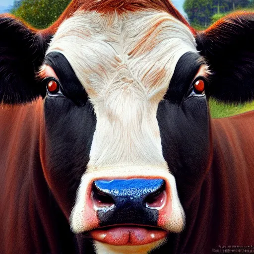 Image similar to portrait of a cow with the face of a man, hyper detailed, digital art, trending in artstation, cinematic lighting, studio quality, smooth render, unreal engine 5 rendered, octane rendered, art style by klimt and nixeu and ian sprigger and wlop and krenz cushart