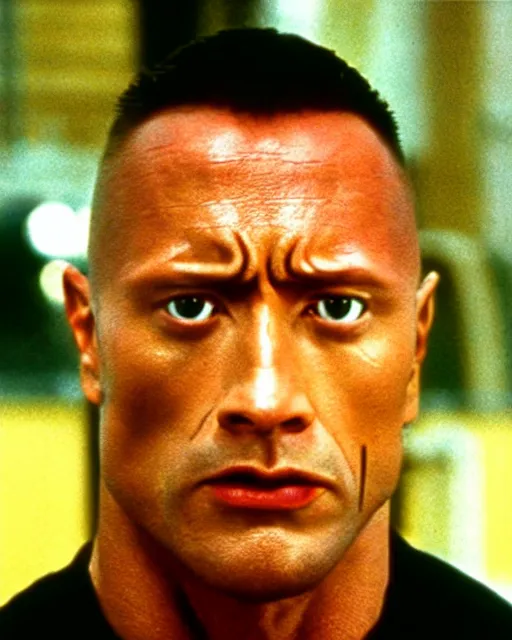 Image similar to Film still close-up shot of Dwayne Johnson as the T-1000 from the movie Terminator 2. Photographic, photography