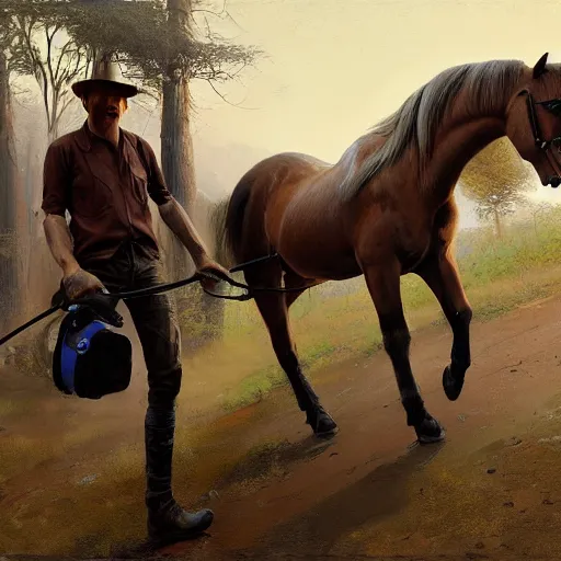 Image similar to horse on man, the man is carried by the horse, hyperrealism, no blur, 4 k resolution, ultra detailed, style of ron cobb, adolf hiremy - hirschl, syd mead, ismail inceoglu, rene margitte