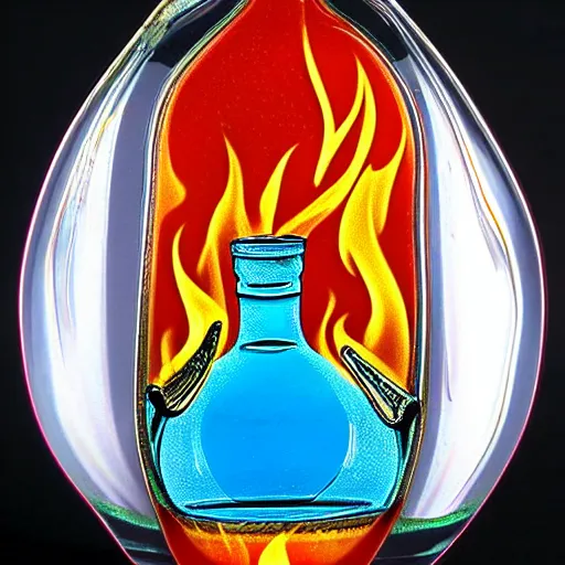 Prompt: a photo of a vodka bottle with flame fire designs in a plique - a - jour enameling technique, 5 0. 0 mm