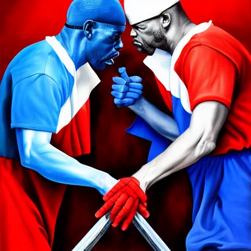 Image similar to crips vs bloods, uhd, 8 k painting by emanuele dascanio and robin eley