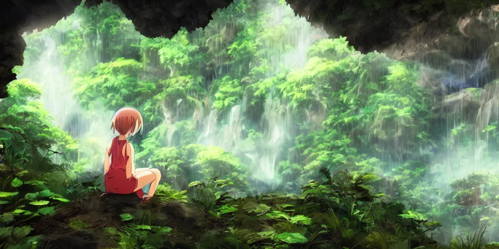 Image similar to anime girl looking into large cave entrance in a lush forest with waterfalls, fireflies, desaturated, beautiful ambiance, studio ghibli style, by hayao miyazaki, sharp focus, highly detailed, 4k