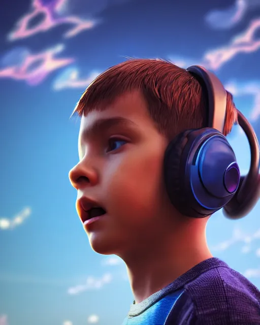 Image similar to boy with headphones looking into the sky, psychedelic trip, cinematic shot, epic composition, fine details, octane render, 8 k, depth of field, concept art, oil painting, digital art, deviantart artstation, extremely detailed, very sharp,