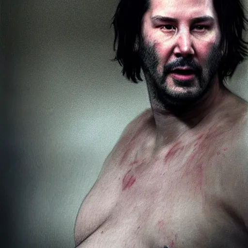 Image similar to hyperrealistic mixed media image of Morbidly Obese Keanu Reeves Chicago Bulls basketball, stunning 3d render inspired art by István Sándorfi and Greg Rutkowski, perfect facial symmetry, realistic, highly detailed attributes and atmosphere, dim volumetric cinematic lighting, 8k octane extremely hyper-detailed render, post-processing, masterpiece,