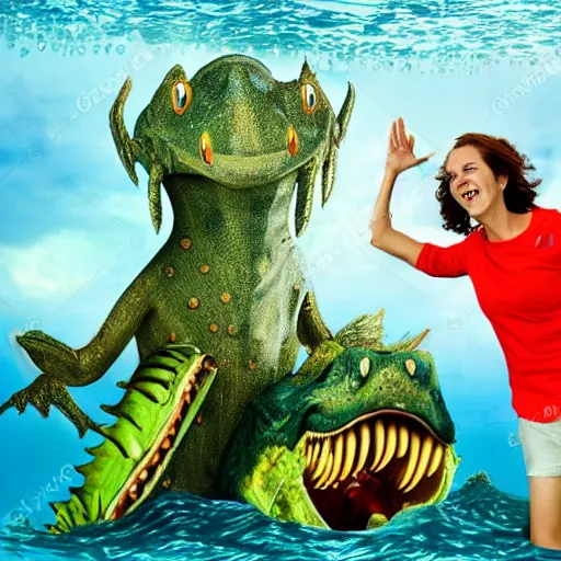 Prompt: Photostock of a soccermom happily married to a sea monster.