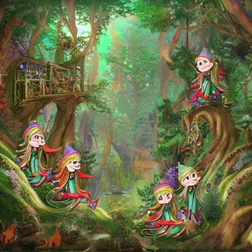 Prompt: highly detailed commune of hedonist elves. the elves are carefree and playful. digitally painted forest scene. The elves each have the face of famous musician Ed Sheeran. pixiv, artbreeder. high quality art