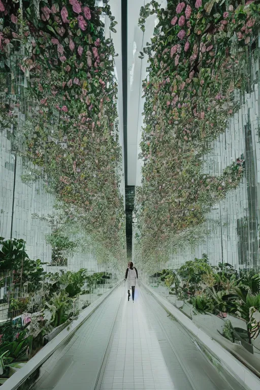 Image similar to Medium Format Portrait Photo of a modern architectural interior made of mirrors with many beautiful plants and flowers. award winning, highly detailed, depth of field, Cinestill 800t, wide shot, photo print.