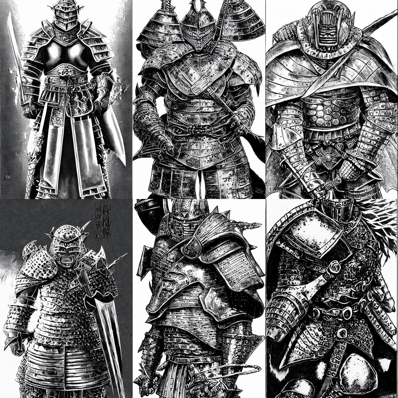 Prompt: Ogre warrior in plate armor, by Kentarō Miura, Kentarō Miura manga artwork, black and white