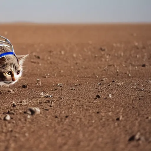 Prompt: cat wearing a spacesuit while walking on martian soil