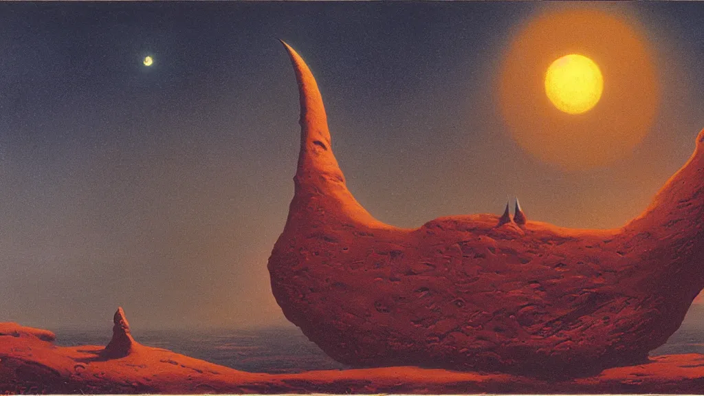 Image similar to mysterious sculpture of an alien crescent moon by paul lehr and john schoenherr, cinematic matte painting