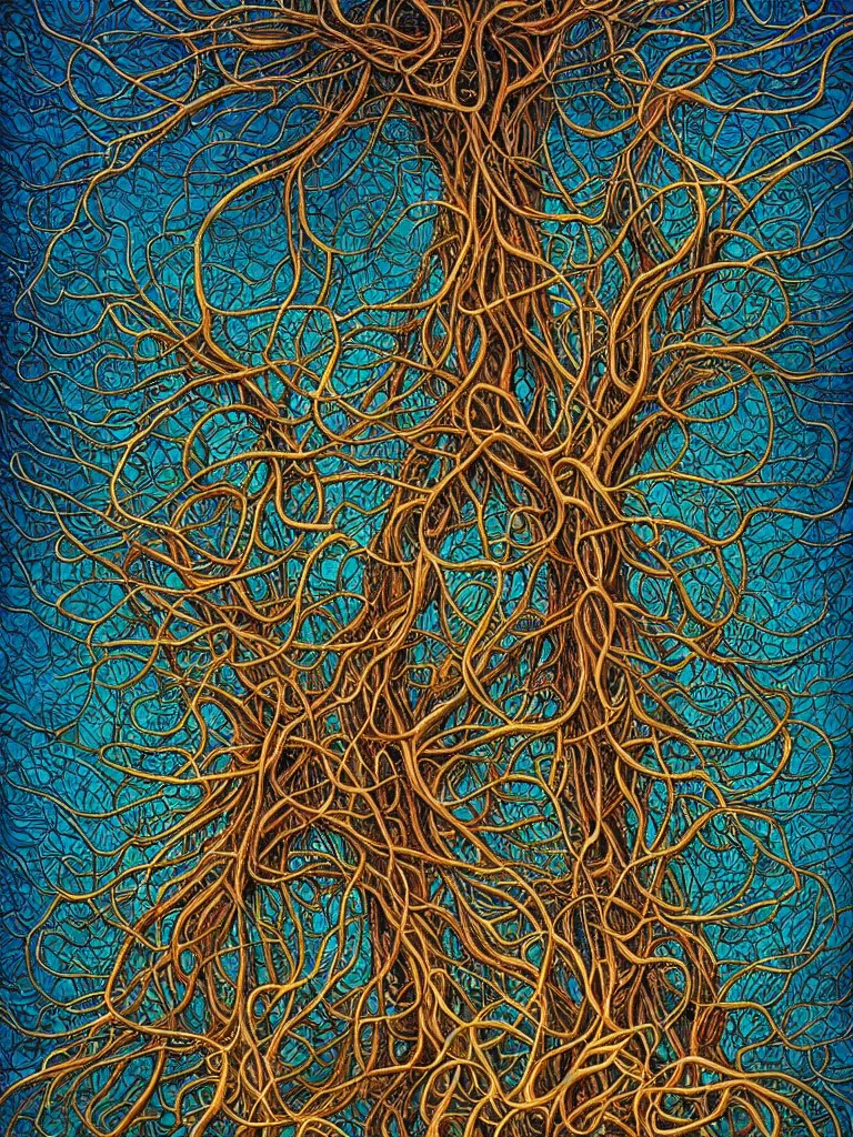 Prompt: A hyperrealistic mixed media relief of a network of hyphae, nerves, slime mold, and rhizomorphic fungus. Shaped like roots and neurons. Lovecraftian, colorful, surreal. By Dan Mumford and Ian McQue and Karol Bak.