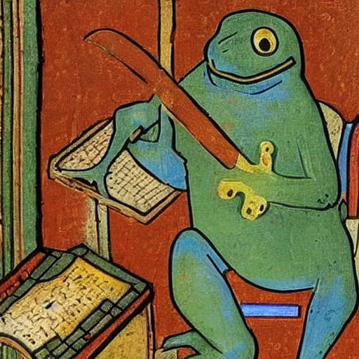 Prompt: medieval painting of a frog behind a computer