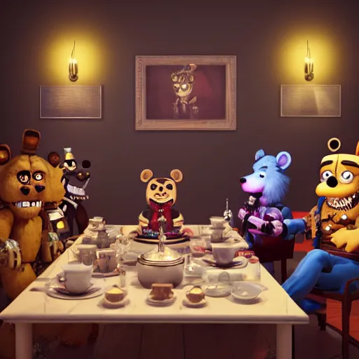 Image similar to a five nights at freddy's animatronic having an intense tea party with queen elizabeth ii, octane render / source, oil painting, trending on artstation, rossdraws