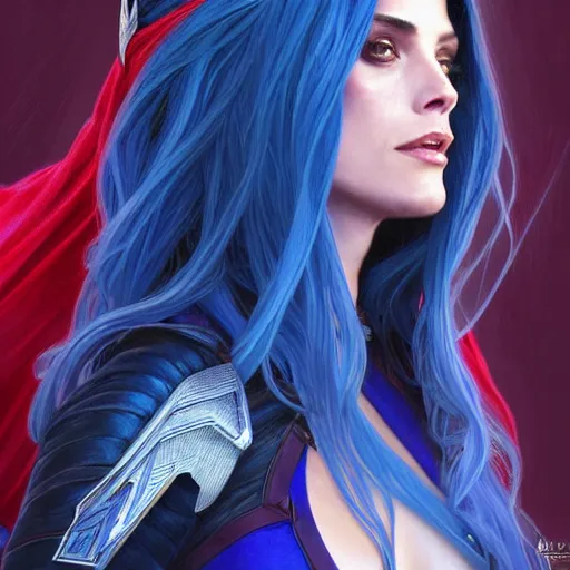 Prompt: Ashley Greene with blue hair as Scarlet Witch, western, D&D, fantasy, intricate, elegant, highly detailed, digital painting, artstation, concept art, matte, sharp focus, illustration, art by Artgerm and Greg Rutkowski and Alphonse Mucha