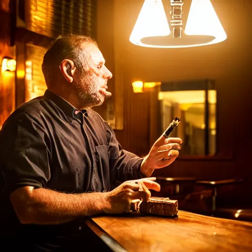 Prompt: guy smoking cigar, sitting on a chair, in a bar, dramatic lighting