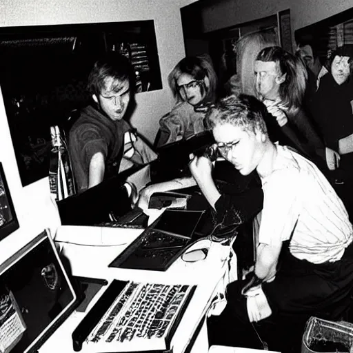 Image similar to the saddest computer party, drinks, 1990s photograph