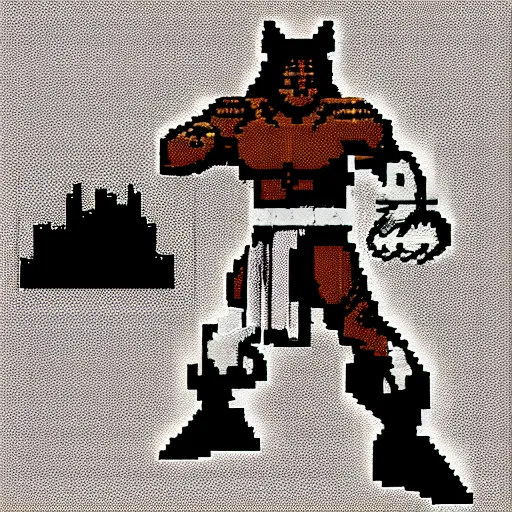 Image similar to full body portrait. 8 bit nes graphics. antropomorphic muscular masculine wolf. kickboxer fighter, in shorts. wolf head. furr on body. side view. postapocalyptic night city on background