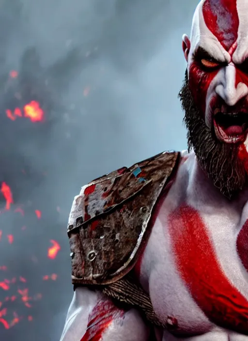 Image similar to red facial stripe armored screaming kratos rocking hard on a flaming stratocaster guitar, cinematic render, god of war 2 0 1 8, playstation studios official media, lightning, flames, clear, coherent, guitar