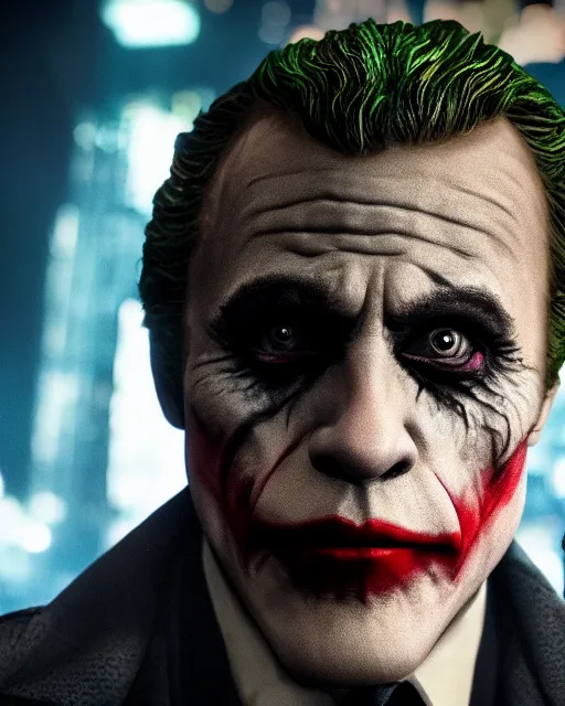 Prompt: Christoph Waltz as The Joker in gotham city, dynamic lighting, realistic, 8k HDR