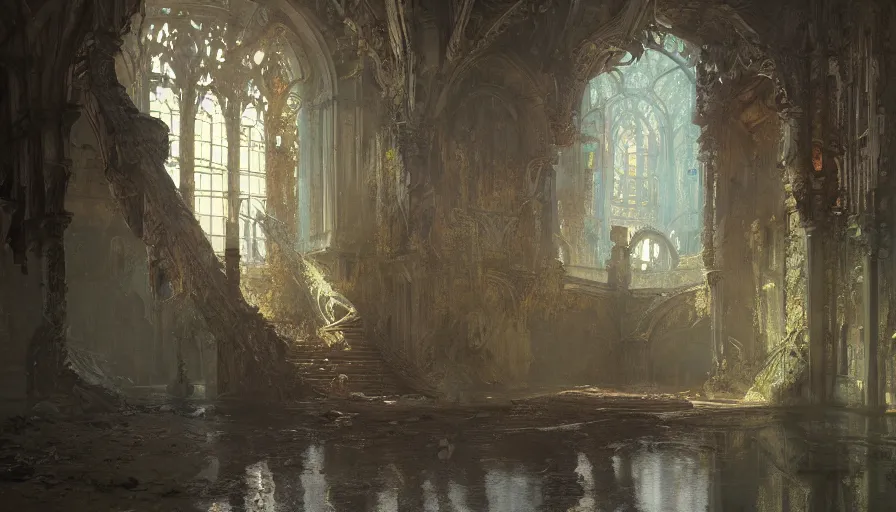 Image similar to a beautiful intricate painting of a abandoned dungeon, reflections, very high details by william turner art, greg rutkowski and alphonse mucha, trending on artstation, very very detailed, masterpiece,