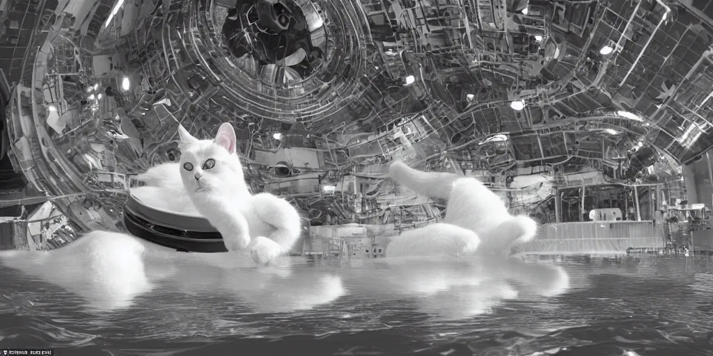 Image similar to an amazing award winning photo of a cat floating in the International Space Centre, hyperdetailed