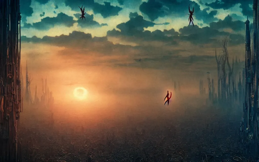 Image similar to realistic detailed portrait movie shot of a birdman wearing dark ragged robes, futuristic city sunset landscape background by denis villeneuve, amano, yves tanguy, alphonse mucha, ernst haeckel, max ernst, roger dean, rich moody colours, cinematic