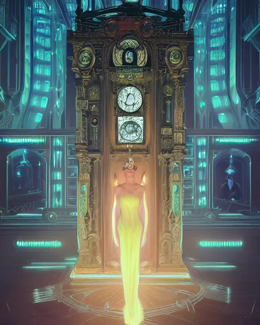 Prompt: highly detailed surreal vfx portrait of a cyberpunk queen in a majestic castle by grandfather clock, stephen bliss, unreal engine, greg rutkowski, loish, rhads, beeple, makoto shinkai and lois van baarle, ilya kuvshinov, rossdraws, tom bagshaw, alphonse mucha, global illumination, detailed and intricate environment