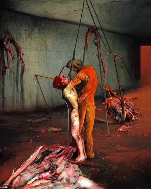 Prompt: couple embracing each other inside a decayed and ruined slaughterhouse room in the style of Francis Bacon and Syd Mead and Norman Rockwell and Beksinski, hanging beef carcasses, slaughterhouse, open ceiling, highly detailed, lovers embracing painted by Francis Bacon and Edward Hopper, painted by James Gilleard, surrealism, airbrush, very coherent, triadic color scheme, art by Takato Yamamoto and James Jean