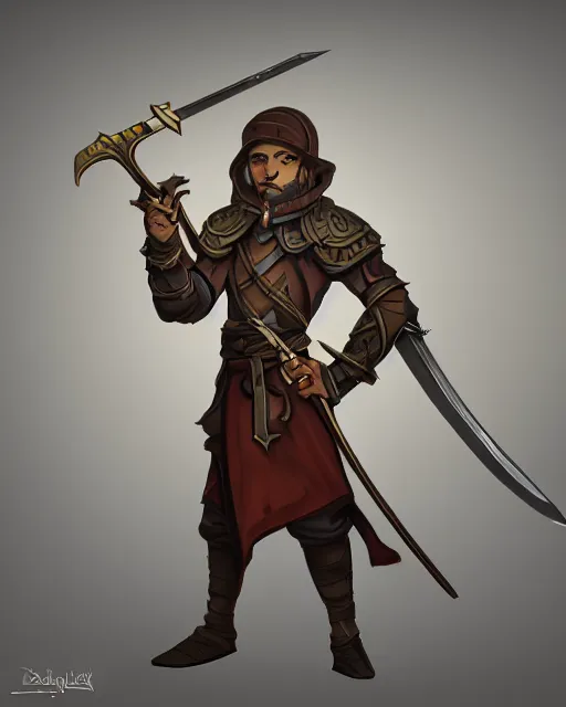 Image similar to a concept art of a D&D character, holding a small sword made by Donutello, white background