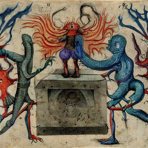 Prompt: uncanny monsters of the imagination in a surreal alchemical manuscript