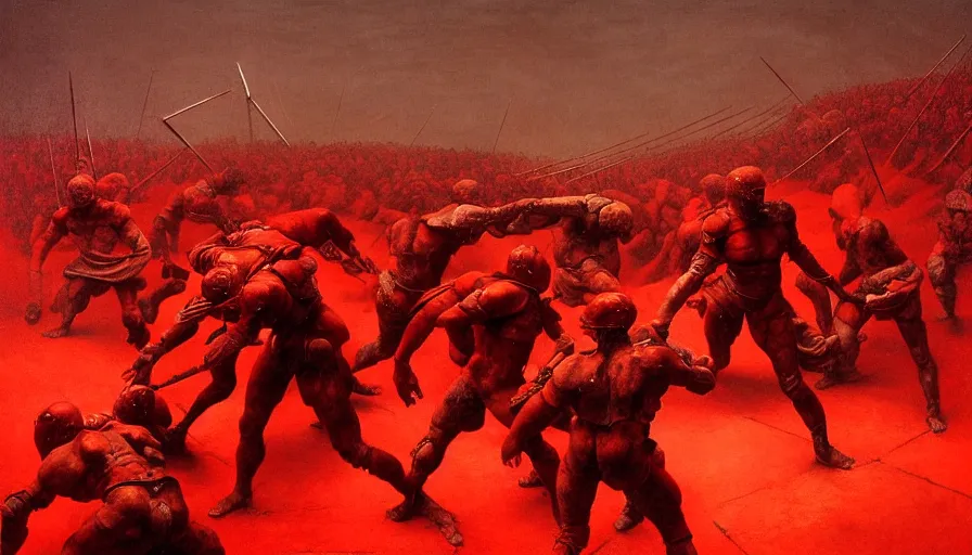 Image similar to only with red, bloody armored gladiator battle in a crowded roman amphitheatre, crowd cheering, in the style of beksinski and edward hopper and rodcenko and yue minjun and greg rutkowski, intricate and epic composition, red by caravaggio, highly detailed, masterpiece, red light, artstation, art nouveau