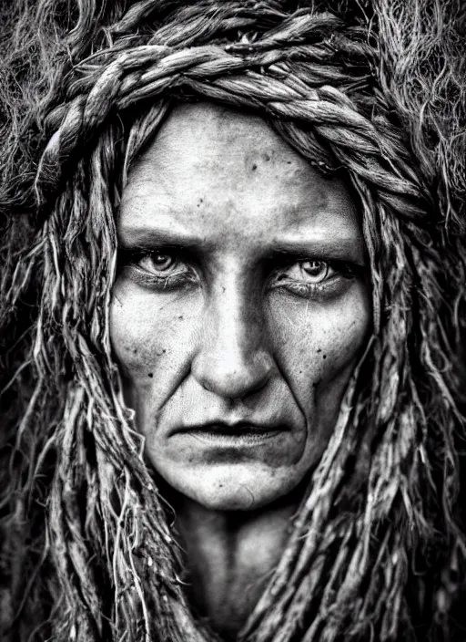 Image similar to Award winning Editorial photo of a medieval Native Female Liechtensteiners with incredible hair and beautiful hyper-detailed eyes wearing traditional garb by Lee Jeffries, 85mm ND 5, perfect lighting, gelatin silver process