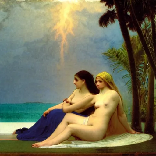 Image similar to Silhouette of two girls at the palace, thunderstorm, greek pool, beach and palm trees on the background major arcana sky, by paul delaroche, alphonse mucha and arnold böcklin arnold böcklin hyperrealistic 8k, very detailed