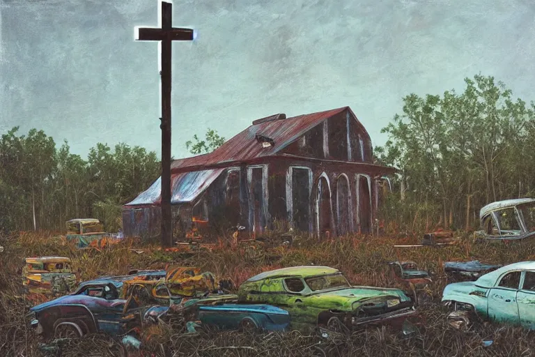 Image similar to scene fromlouisiana swamps, old protestant church with neon cross, junkyard by the road, boy scout troop, voodoo artwork by tim eitel