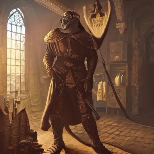 Prompt: full body portrait of Dennis hopper as a devious medieval lord standing on the right inside a big medieval Shop with tall windowpane, shelves full of medieval goods, morning light, trending on artstation, style of peter mohrbacher, unreal engine, octane render, intricate details, 8k high definition, beauriful, ornate, hyperrealistic