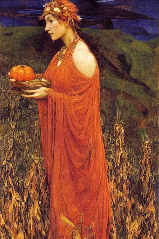 Prompt: queen of the harvest with her bounty by Annie Swynnerton and Nicholas Roerich and jean delville, strong dramatic cinematic lighting , ornate headdress , flowing robes, lost civilizations, smooth, sharp focus, extremely detailed