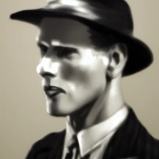 Image similar to A photograph portrait of Jerma985 wearing a suit with and fedora in the 1940s, taken in the early 1940s, grainy, taken on a 940s Kodak Camera, realistic, hyperrealistic, very realistic, highly detailed, very detailed, extremely detailed, detailed, digital art, trending on artstation